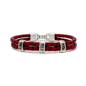 PULSERA CON NOMBRES FABRICADA CON CUERO NACIONAL Y ZAMAK BAÑO PLATA. MODELO DOBLE ROJO