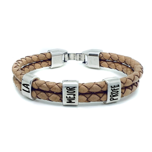 Pulsera Regalo Fin de Curso. Fabricada en Zamak Baño Plata y Cuero Español. Regalo Profe- Regalo Seño.
