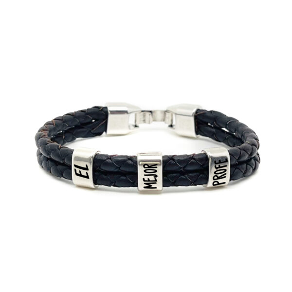 Pulsera Regalo Fin de Curso. Fabricada en Zamak Baño Plata y Cuero Español. Regalo Profe- Regalo Seño.