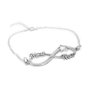 Pulsera Infinito Personalizada para Mujer con 3 Nombres – Plata de Ley 925/1000 – Hecha a Mano en Málaga – Regalo Especial Día de la Madre y Navidad Modelo Estrella