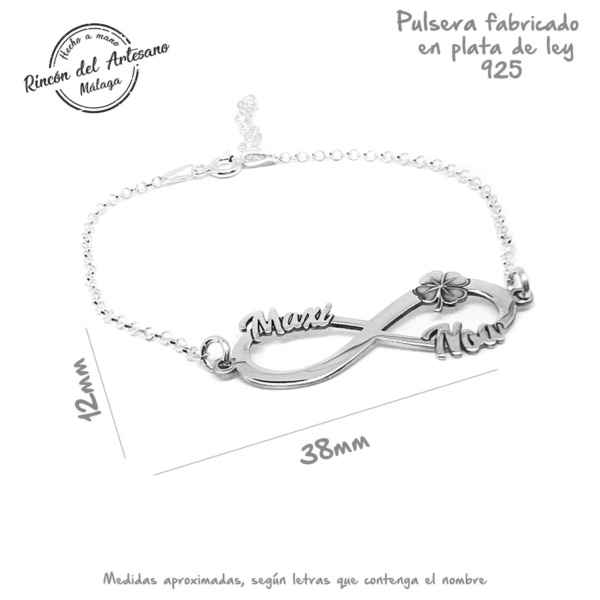 Pulsera Infinito Personalizada para Mujer con 3 Nombres – Plata de Ley 925/1000 – Medidas: 37x12mm - Hecha a Mano en Málaga – Regalo Especial Día de la Madre y Navidad Modelo Trébol