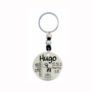 Llaveros Personalizado Natalicio – Datos del Bebé: Nombre, Fecha y Hora de Nacimiento – Zamak Baño de Plata y Cuero – Medidas desde 90x30mm – Regalo Original para Madres. (Modelo 1190)