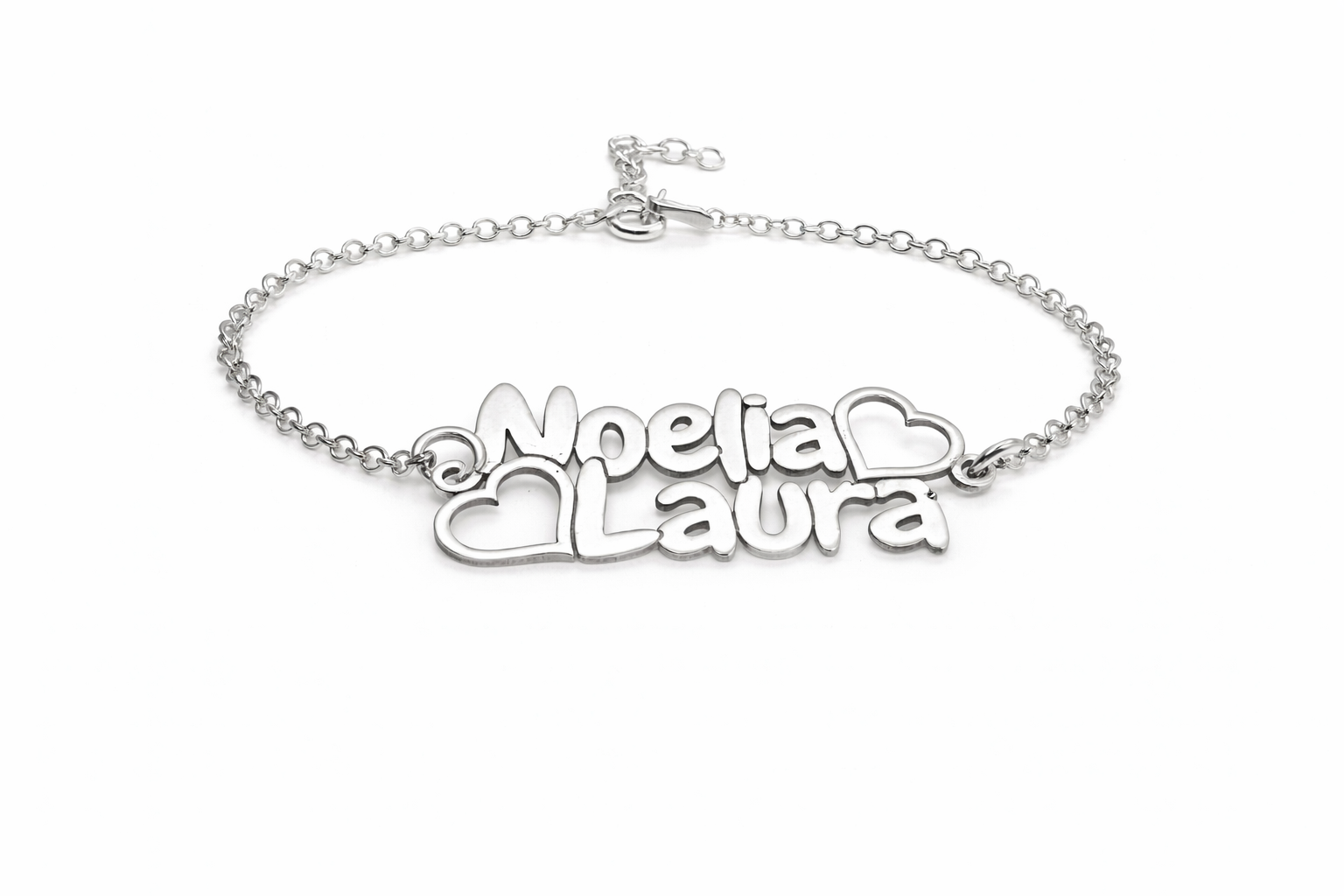 Pulsera Doble Nombre y Corazones Personalizada en Plata 925 – Modelo Pulsera Doble N.C