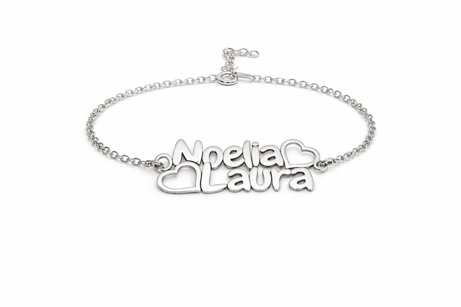 Pulsera Doble Nombre y Corazones Personalizada en Plata 925 – Modelo Pulsera Doble N.C