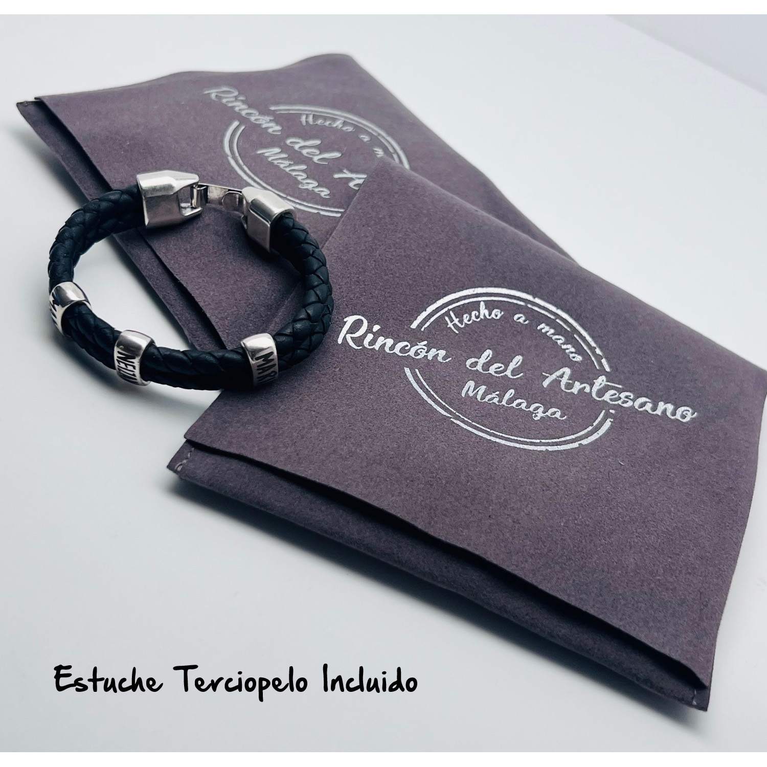 Pulsera personalizada con nombres en cuero y zamak – Modelo Doble Blanco