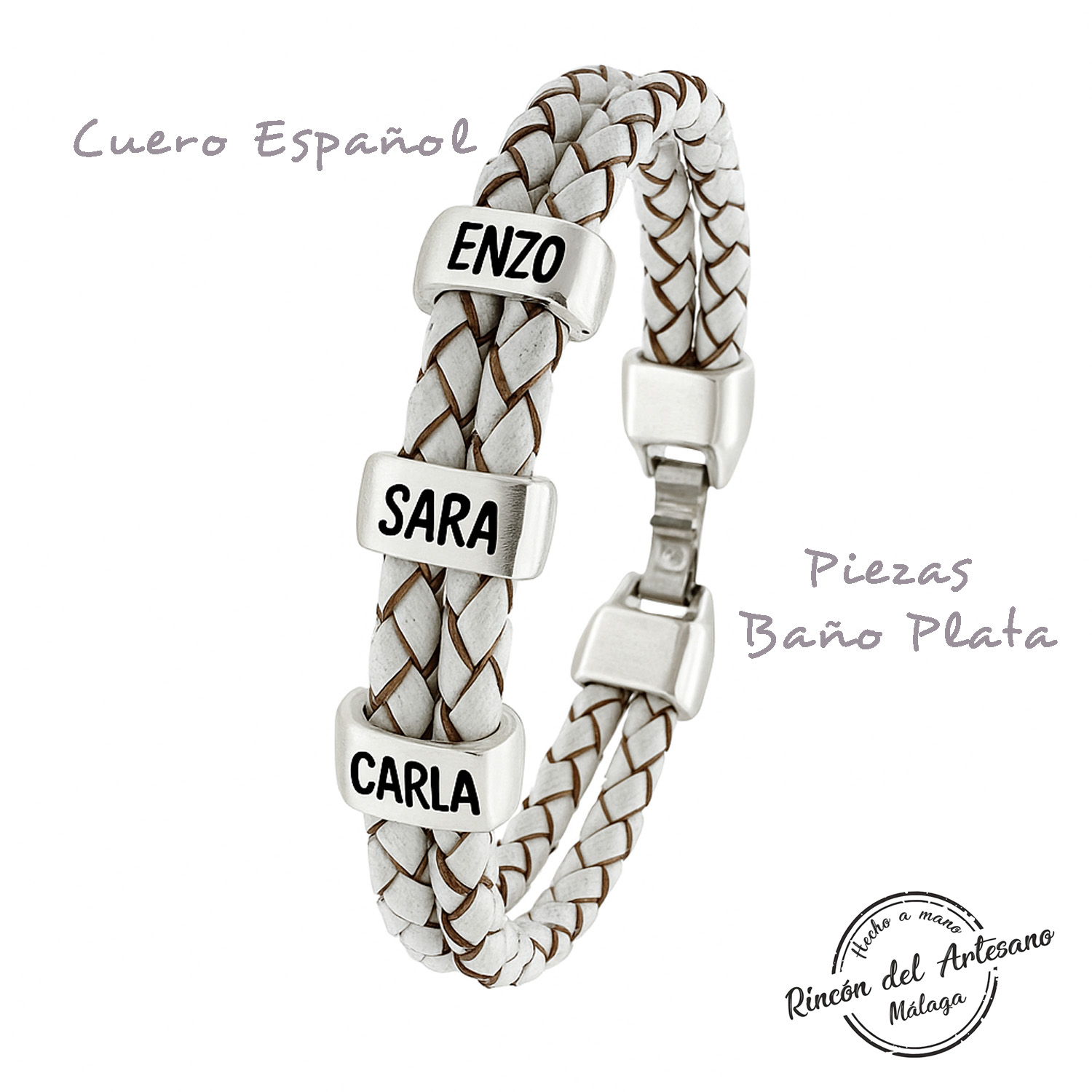 Pulsera personalizada con nombres en cuero y zamak – Modelo Doble Blanco