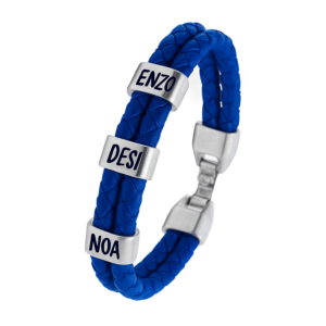 Pulsera personalizada con nombres en cuero azul y zamak – Modelo Doble Azul
