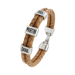Pulsera personalizada con nombres en cuero Beige doble y zamak plata | Modelo Doble Beige