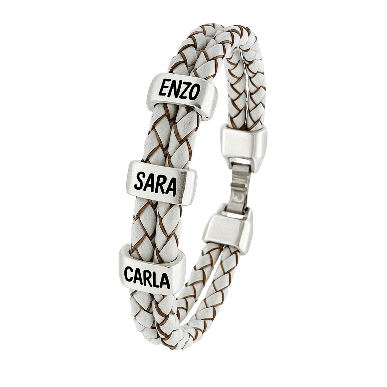 Pulsera personalizada con nombres en cuero y zamak – Modelo Doble Blanco