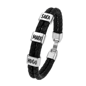 Pulsera personalizada con nombres en cuero negro doble y zamak plata | Modelo Doble Negro
